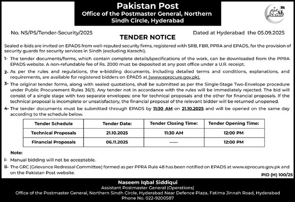 Pakistan Post Sindh Tender Notice
